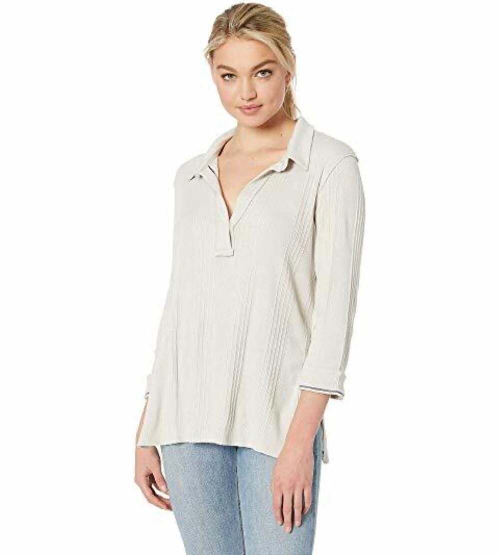 We the Free People Annie Ribbed Cream Beige Collared V Neck Top Large